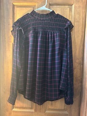 torrid Navy and Purple Smocked Plaid Blouse